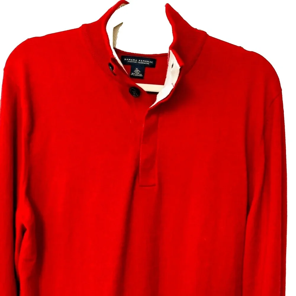 Banana Republic Mens Red Cotton Cashmere Pullover Polo Sweater Contrast‎ Cuff XL